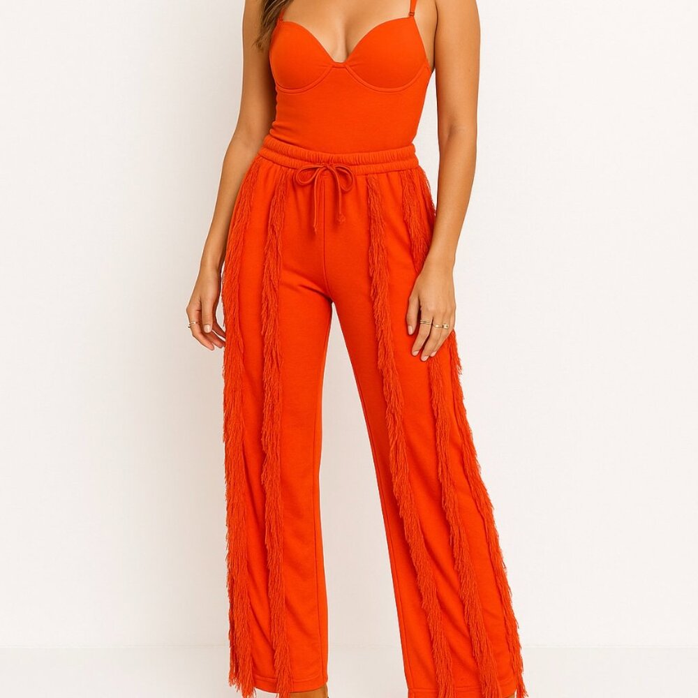 Festival Fringe Pants Bodysuit Set Size Large Wide Leg Orange Straps Statement